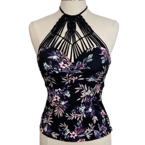 Macrame  Black Floral Halter Tie Tankini Top